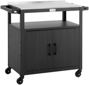 Here is the meta description:

"Upgrade your outdoor cooking experience with this grill cart featuring a stainless steel tabletop and storage cabinet. Perfect for BBQ food prep, this movable kitchen island has wheels for easy transport."