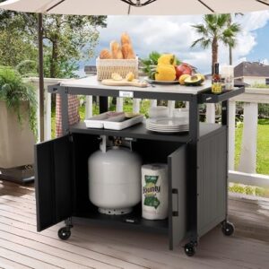 Here is the meta description:

"Upgrade your outdoor cooking experience with this grill cart featuring a stainless steel tabletop and storage cabinet. Perfect for BBQ food prep, this movable kitchen island has wheels for easy transport."