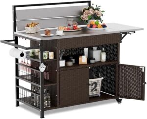 Here is the optimized meta description:

"Perfect for outdoor gatherings, this grill table features a storage cabinet and wheels for easy mobility. Includes stainless steel prep top for grilling, serving, or charcuterie. Compact design ideal for patios, poolsides, or backyards."