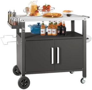 "Upgrade your outdoor dining experience with this versatile grill cart featuring a stainless steel surface, spacious storage cabinet and movable design. Perfect for pizza oven stands and food prep tables."