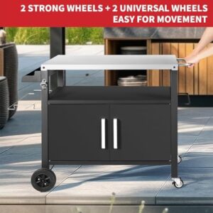 "Upgrade your outdoor dining experience with this versatile grill cart featuring a stainless steel surface, spacious storage cabinet and movable design. Perfect for pizza oven stands and food prep tables."