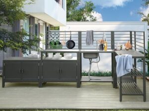 Discover the Domi 5-Piece Outdoor Kitchen Island with Storage, featuring a stainless steel sink and faucet, corner bar storage cabinet, and protective cover for your deck or patio. Perfect for outdoor entertaining!