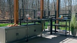 Discover the Domi 5-Piece Outdoor Kitchen Island with Storage, featuring a stainless steel sink and faucet, corner bar storage cabinet, and protective cover for your deck or patio. Perfect for outdoor entertaining!