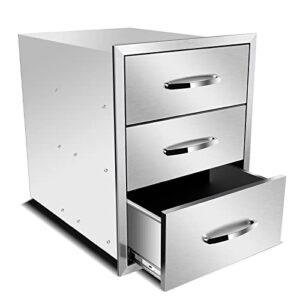 Upgrade your outdoor kitchen with stainless steel BBQ island drawers featuring chrome handles. Perfect for organizing grilling essentials, dimensions 18x23x24 inches.