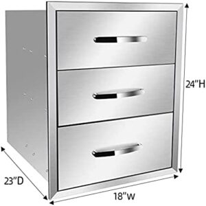 Upgrade your outdoor kitchen with stainless steel BBQ island drawers featuring chrome handles. Perfect for organizing grilling essentials, dimensions 18x23x24 inches.