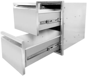 Boost outdoor cooking with this stainless steel drawer featuring 2 layers of storage. Perfect for outdoor kitchens and BBQ islands, measures 13"W x 20.5"H x 21"D.