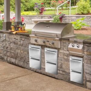 Boost outdoor cooking with this stainless steel drawer featuring 2 layers of storage. Perfect for outdoor kitchens and BBQ islands, measures 13"W x 20.5"H x 21"D.