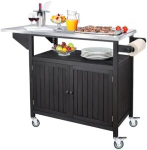 Here is the optimized meta description:

"Perfect outdoor grill station with storage cabinet and stainless steel top. Solid wood construction, wheels, and ample space for cooking and prep. Ideal for large BBQ gatherings."