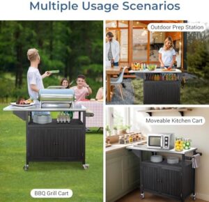 Here is the optimized meta description:

"Perfect outdoor grill station with storage cabinet and stainless steel top. Solid wood construction, wheels, and ample space for cooking and prep. Ideal for large BBQ gatherings."