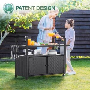 "Transform your outdoor gatherings with the Large Outdoor Kitchen Wicker Island Rolling Cart & Patio Bar Table, featuring a black glass table top, dark brown wicker design, and convenient wheels. Perfect for backyard and poolside entertaining."