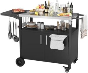 Elevate your outdoor cooking experience with the Grill Cart with Storage. Features a foldable tabletop, storage cabinet, and wheels for easy mobility. Perfect for Blackstone griddles and pizza ovens.