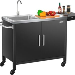 Here is the generated SEO meta description:

"Upgrade your outdoor kitchen with this grill table featuring a stainless steel sink and metal cart, perfect for hosting gatherings. L57 x W21.65 inches."
