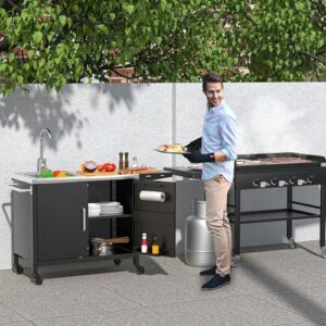 Here is the generated SEO meta description:

"Upgrade your outdoor kitchen with this grill table featuring a stainless steel sink and metal cart, perfect for hosting gatherings. L57 x W21.65 inches."