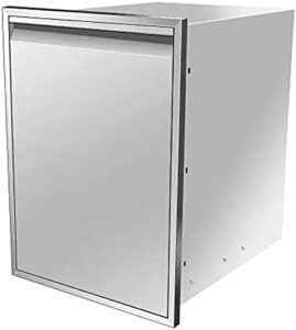 "Upgrade your outdoor kitchen with the Pull-Out Trash Drawer featuring a stainless steel tray and storage bin. Perfect for BBQ islands, measures 19W x 27H x 16D inches."