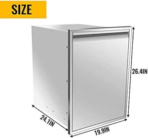 "Upgrade your outdoor kitchen with the Pull-Out Trash Drawer featuring a stainless steel tray and storage bin. Perfect for BBQ islands, measures 19W x 27H x 16D inches."