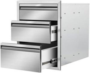 Discover the ultimate outdoor kitchen solution! This stainless steel triple drawer set features 16"W x 21"H x 23"D compartments for BBQ utensils, plates, and more. Perfect for patio grill stations.