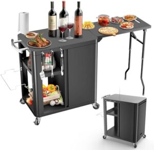 Enhance your outdoor cooking experience with the Outdoor Grill Table Cart, featuring a spacious 57"x24"x35" tabletop, ample storage, and sturdy construction perfect for Blackstone griddles, Ooni pizza ovens, or Ninja woodfire grills.