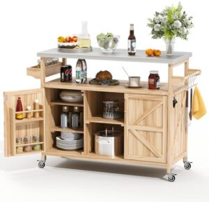 "Upgrade your outdoor kitchen with this stainless steel tabletop grill cart featuring storage and a solid wood cabinet. Perfect for entertaining, dimensions 60x30x36 inches, wheels included."