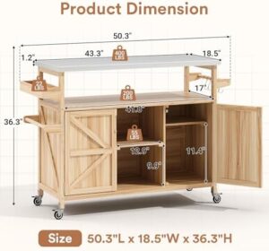 "Upgrade your outdoor kitchen with this stainless steel tabletop grill cart featuring storage and a solid wood cabinet. Perfect for entertaining, dimensions 60x30x36 inches, wheels included."