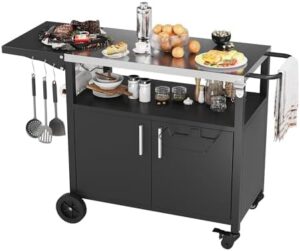 Here is the generated SEO meta description:

"Upgrade your outdoor gatherings with JY QAQA's grill cart featuring storage and wheels. Perfect for patio kitchens, this island has a foldable tabletop, movable pizza oven stand, and spacious cabinet for utensils."