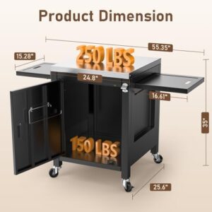 Here is the optimized SEO meta description:

"Maximize your outdoor entertaining space with this stainless steel BBQ grill table featuring 75-gallon storage, rolling prep station and side shelves. Perfect for patio and garden gatherings."