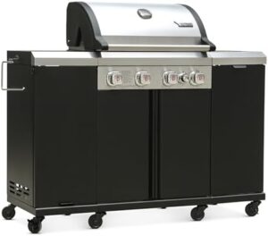 Elevate your outdoor cooking experience with the Brand-Man 4-Burner Gas Grill Island featuring a side burner, storage cabinets, and fold-out prep table. Perfect for large gatherings, this stainless steel BBQ grill station converts to LPG/NG fuel types, offering versatility and convenience.