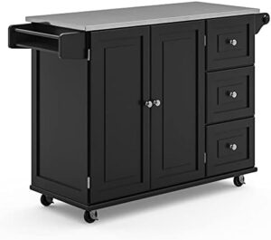 "Upgrade your cooking space with Dolly Madison's Black Mobile Kitchen Island Cart featuring a stainless steel top, adjustable shelves and drawers. Perfect for small kitchens."
