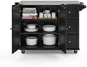 "Upgrade your cooking space with Dolly Madison's Black Mobile Kitchen Island Cart featuring a stainless steel top, adjustable shelves and drawers. Perfect for small kitchens."
