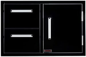 Upgrade your outdoor kitchen with this Stainless Steel Single Access Door & Double Drawer Combo, featuring a black finish and handles for easy access. Perfect for BBQ island organization, 33x22x22 inches.