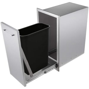 Here is the output:

"Maximize outdoor kitchen space with this stainless steel propane drawer featuring a trash storage compartment, perfect for BBQ islands or grill stations, dimensions 14x27x20 inches"