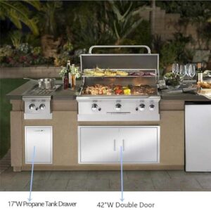 Here is the output:

"Maximize outdoor kitchen space with this stainless steel propane drawer featuring a trash storage compartment, perfect for BBQ islands or grill stations, dimensions 14x27x20 inches"