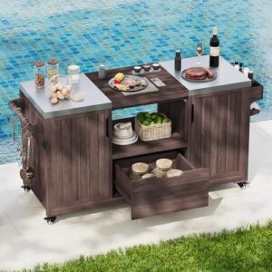 Enhance your backyard gatherings with this 66.5" Solid Wood Outdoor Kitchen Island for Big Green Egg Grills featuring a stainless steel top, drawer, and dark brown finish. Perfect for family barbecues and outdoor entertaining!