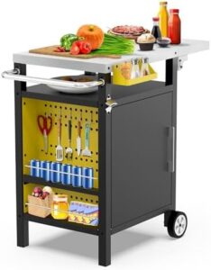 Upgrade your outdoor cooking experience with this versatile grill cart featuring storage, a prep table, and pegboard. Perfect for patio BBQs, folds up for easy storage.