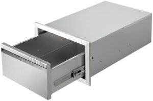 Upgrade your outdoor kitchen island with these stainless steel drawers, featuring flush mount access and three spacious compartments. Perfect for grill stations and BBQ enthusiasts.