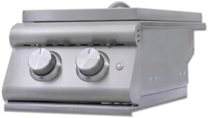 Get cooking with the Blaze Premium LTE+ propane gas double side burner, featuring stainless steel construction and a lid for added versatility. Perfect for outdoor kitchens or camping trips!