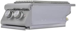Get cooking with the Blaze Premium LTE+ propane gas double side burner, featuring stainless steel construction and a lid for added versatility. Perfect for outdoor kitchens or camping trips!