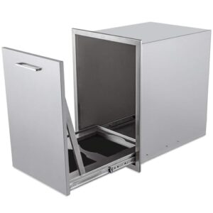 Upgrade your outdoor kitchen with the Pull-Out Outdoor Kitchen Propane Drawer, featuring a stainless steel trash drawer and storage for BBQ island or grill station. Perfect for 20" x 27" x 24" dimensions.