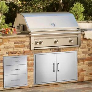 Here is the optimized SEO meta description:

"Elevate your outdoor cooking experience with this stainless steel BBQ drawer, featuring triple access and a flush mount design for easy access. Perfect for outdoor kitchens and BBQ islands."
