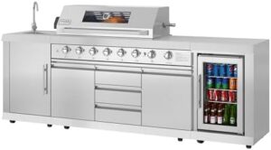 Here is the meta description:

"Upgrade your outdoor living space with this versatile KM-OKS-BQHUB island featuring a grill, side burner, sink, storage, and beverage fridge. Perfect for entertaining, now with CSA listing in stainless steel."