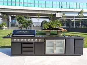 Here is the meta description:

"Elevate your outdoor cooking experience with this modular 3-piece island BBQ featuring electric, propane, or natural gas options. Includes double wine refrigerator, sink, rotisserie, and black marble top. Plus, a FREE protective cover!"