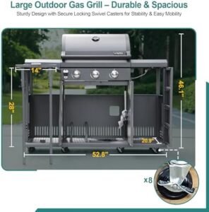 Here is the generated meta description:

"Upgrade your outdoor cooking experience with this Brand-Man gas grill island featuring 6 burners, side burner, and storage cabinets. Perfect for large gatherings, this stainless steel BBQ grill station also includes a fold-out prep table and LPG/NG conversion."