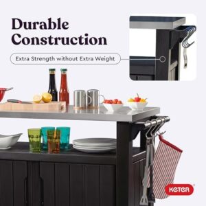 Perfect your outdoor gatherings with the Outdoor Rolling Table Cart, featuring a dark brown tabletop with wheels for easy transport. Store food, drinks, and snacks in its spacious interior.