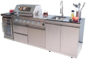 Here is the optimized SEO meta description:

"Upgrade your outdoor gatherings with this 4-burner stainless steel gas grill island featuring wine cooler, rotisserie kit, and granite countertops for ultimate entertaining. Perfect for backyard BBQs."