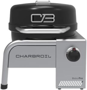 Here is the optimized SEO meta description:

"Savor outdoor flavors with Bistro Pro's tabletop gas grill. Compact and portable, this black grill features 2 burners, adjustable heat control, and a durable construction for effortless cooking."