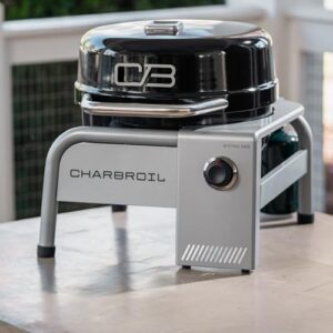 Here is the optimized SEO meta description:

"Savor outdoor flavors with Bistro Pro's tabletop gas grill. Compact and portable, this black grill features 2 burners, adjustable heat control, and a durable construction for effortless cooking."