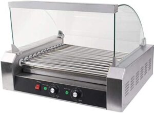 Here is the generated meta description:

"Grill 18 hotdogs at once with this commercial-grade stainless steel cooker featuring 7 rollers and a cover. Perfect for events, parties or daily use. Boost your hotdog game!"