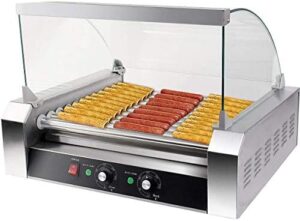 Here is the generated meta description:

"Grill 18 hotdogs at once with this commercial-grade stainless steel cooker featuring 7 rollers and a cover. Perfect for events, parties or daily use. Boost your hotdog game!"