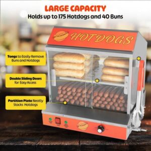 Steam up to 175 hot dogs and 40 buns with this hot dog machine featuring a bun warmer, perfect for parties or everyday use.