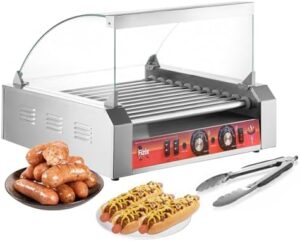 Here is the optimized SEO meta description:

"Grill perfect hot dogs with ease using this stainless steel roller machine featuring 11 rollers, dual temp control and LED light. Detachable drip tray included."