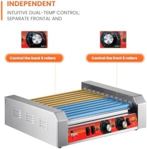 Here is the optimized SEO meta description:

"Grill perfect hot dogs with ease using this stainless steel roller machine featuring 11 rollers, dual temp control and LED light. Detachable drip tray included."